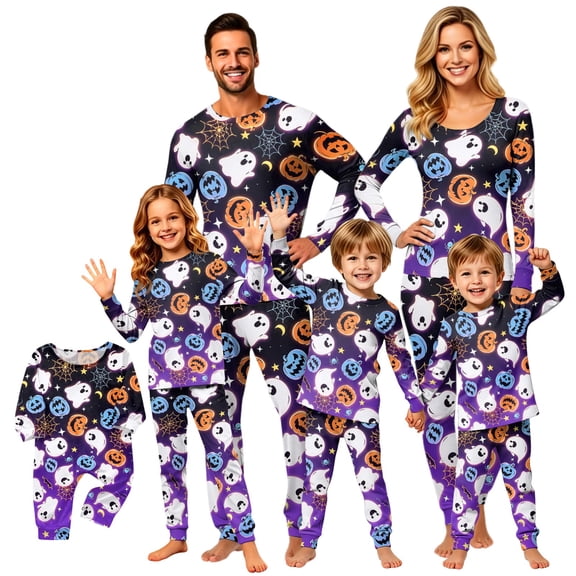 Spooky Family Pajamas Set Crew Neck Long Sleeve, Stretchy Halloween Family Pajamas with Ghost Web Print, Fun Matching Halloween Pajamas for Trick or Treat Night