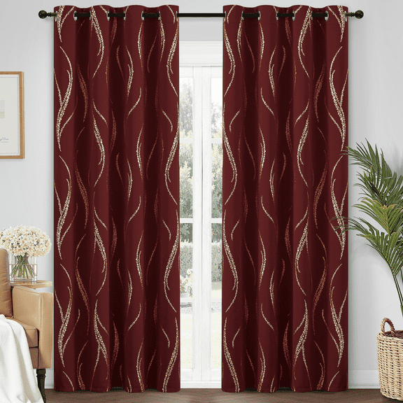 Yakamok Blackout Curtains for bedroom - Wave Line with Dots Gold Print Design Noise Reducing Thermal Insulated Solid Ring Top Blackout Window Drapes for Livingroom (2 Panels, 52 x 84 Inch, Burgundy)