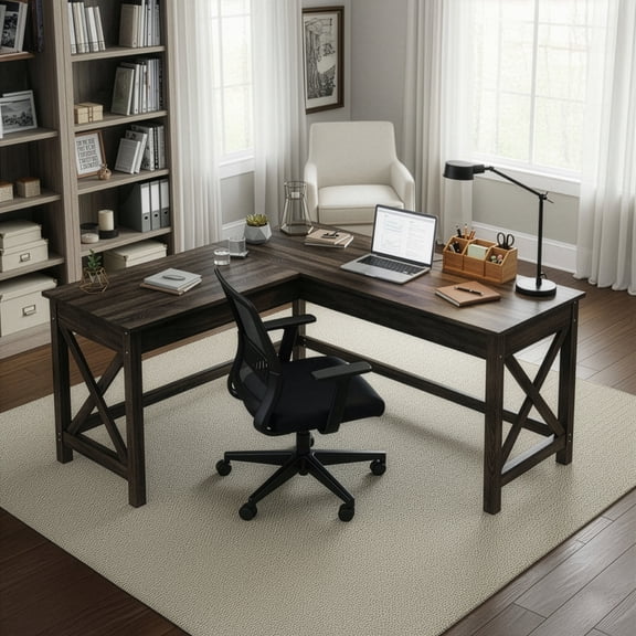 Lavish Home L-Shaped Computer Desk with X-Pattern Legs (Dark Gray Finish)