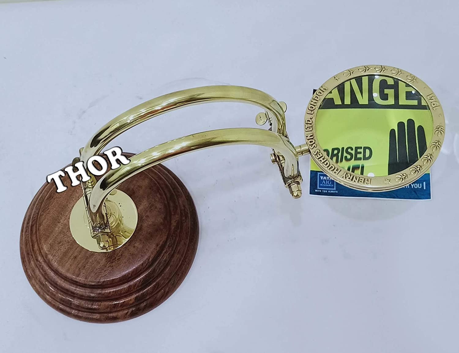 Antique Brass Magnifying Glass on Wooden Base Nautical Magnifier Lens