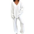 thumbnail image 1 of 2pcs/set Women Plain Tracksuits Set V Neck Loose Tops+long Pants Loungewear Pyjamas Sets, 1 of 4
