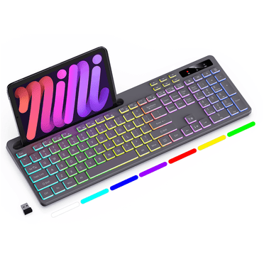 Wireless Keyboard with 7-Color RGB Backlit, Marvo Full-Size Computer Keyboard with Phone Tablet Holder, Rechargeable 2.4G Wireless Gaming Keyboard with Light Up Keys, Compatible with Mac,Window,Grey