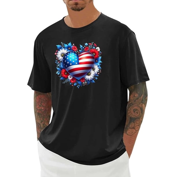 Men Patriotic american Flag Heart-Shaped Floral Print T-Shirt, Crew Neck Short-Sleeved Men'S Casual T-Shirt, Bright Red, White and Blue Floral Design, Stars and Stripes Pattern