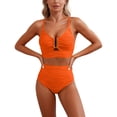 thumbnail image 3 of Women's Bikini Set V Neck Cutout High Waisted Textured Pleated Swimsuit for Beach Pool Party,Saffron,M, 3 of 6