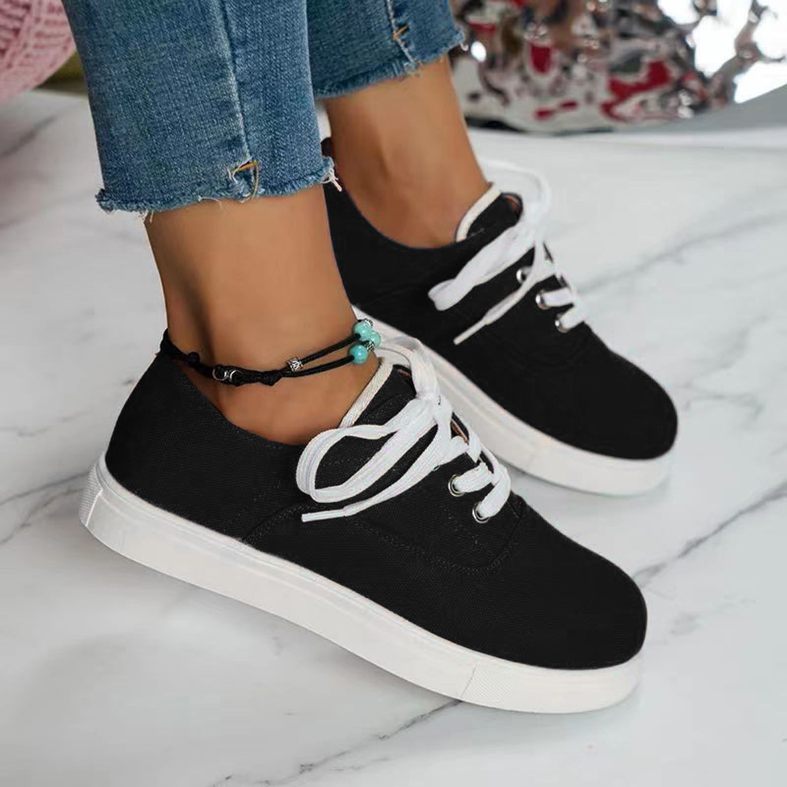 Adult Women Shoes Casual Womens Shoes Wide Width Ladies Fashion Solid Canvas Breathable Lace Up Flat Bottom Casual Single Shoe Female Shoes Black 8