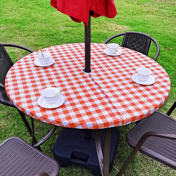 Vinyl Round Fitted Tablecloth With Umbrella Hole Table Cover With