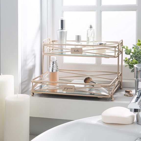 2 Tier Mirrored Vanity Tower in Gold, Home Decor for Perfumes, Jewelry, Makeup Organizer