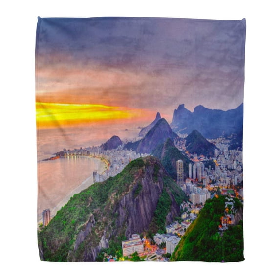 SIDONKU Throw Blanket Warm Cozy Print Flannel Sunset View of Copacabana and Botafogo in Rio De Janeiro Brazil Night Cityscape Comfortable Soft for Bed Sofa and Couch 50x60 Inches