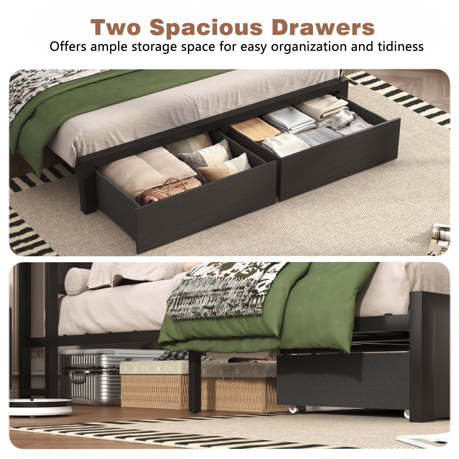Fastroby Full Bed Frame with Storage Headboard & Drawers, Farmhouse Style, No Box Spring Needed, Black