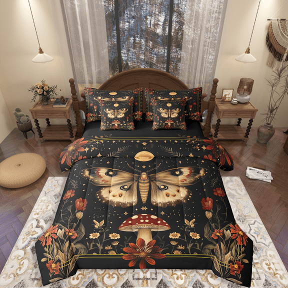 Manfei Animal Moth 7-Piece Twin Bedding Sets,Floral Mushroom Bedding Comforter Set,Bohemian Theme Breathable Sheet Sets,Lightweight Flower Room Decor,Reversible