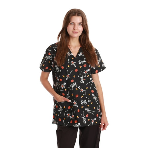 Just Love Women's Medical V-Neck Scrub Tops (Black - Skeleton Candycorn, Small)