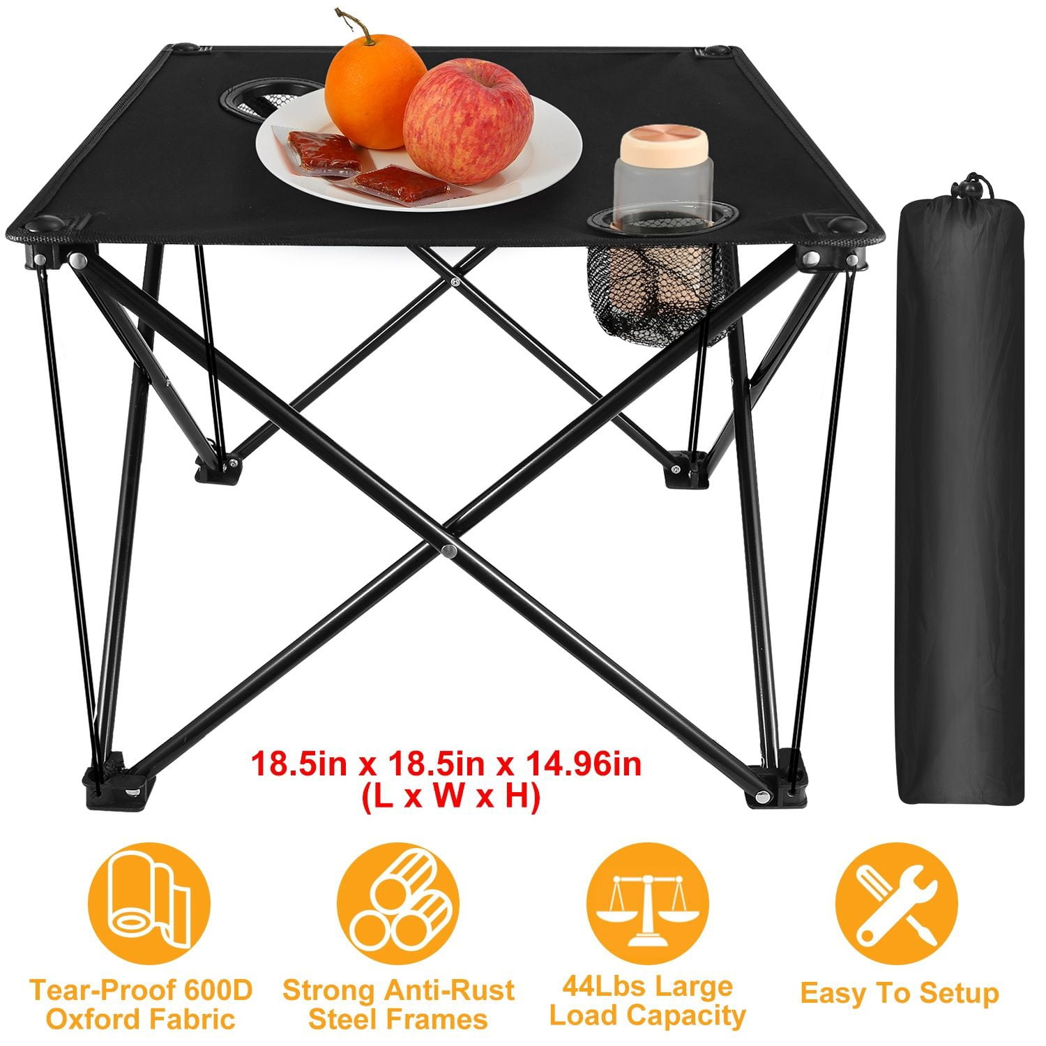 Portable Folding Camp Table 18.5"x18.5", Ultralight 2 lb, 44 lb Load, 600D Oxford Top, Built-in 2 Cup Holders, Pop-Up Setup, Mini Square Table for Picnic, Beach, Tailgate & Travel