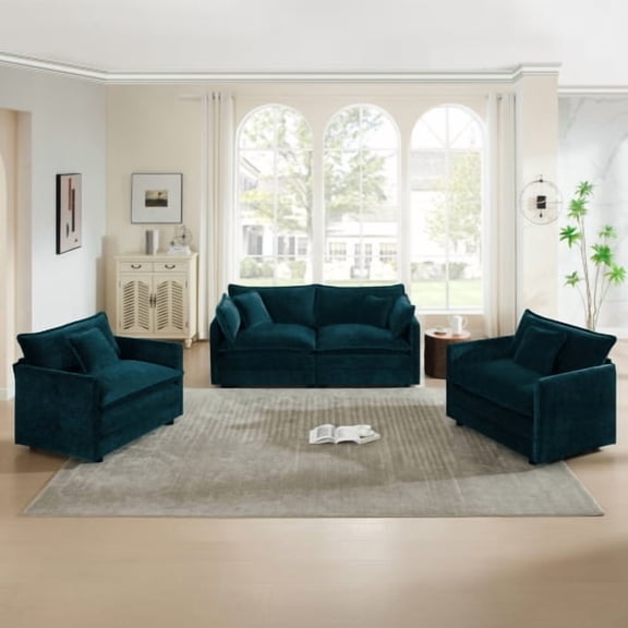 3 Piece Chenille Sofa Set, 2 Accent Chairs and 2 Seat Loveseat with Throw Pillows, Modular Living Room Furniture Set, Soft Upholstered Couch Set for Apartment, Lounge, Bedroom, Blue