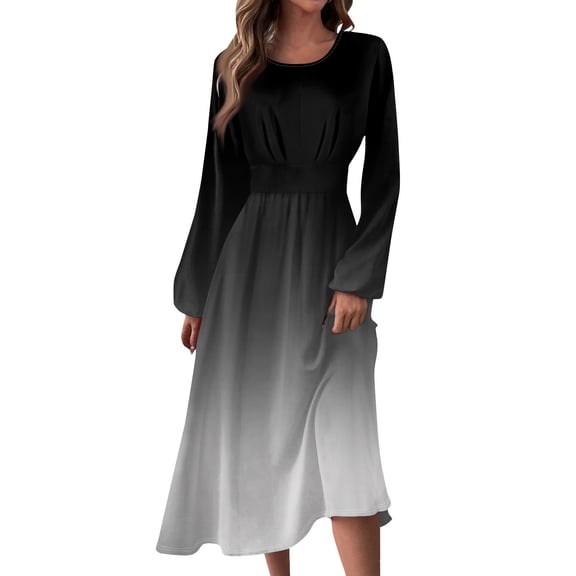 Women's Autumn Winter Casual Round Neck Long Sleeve Gradient Print Long Dress, Black, Size L
