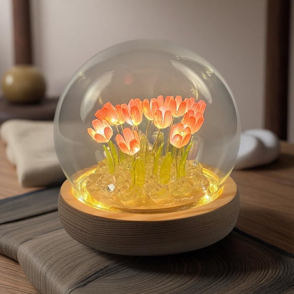 Lámpara nocturna ALYMACK Tulip Globe de cristal con base de madera