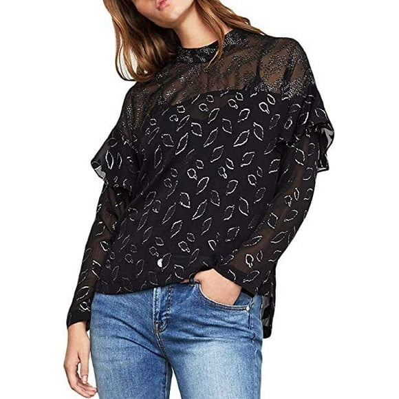 BCBGMAXAZRIA Sheer Chiffon Metallic Top In Black Combo Size L $198
