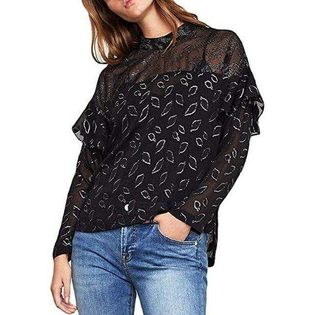 BCBGMAXAZRIA Sheer Chiffon Metallic Top In Black Combo Size L $198