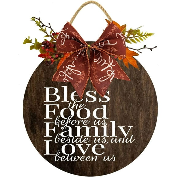 Eveokoki 12" Bless Food Us Family Us Love Us Sign,Happy Thank*giving Signs for Front Door Decorations, Thank*giving Harvest Wall Hanging Sign for Home Decor