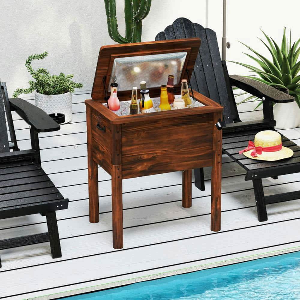 Spaco Wooden Patio Cooler with 3 Handles and Bottle Opener, Camping Cooler for Patio, Garden, Backyard, Brown
