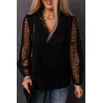 thumbnail image 2 of ABPHQTO Blusa de manga hinchada con cuello de pico en contraste de encaje negro para mujer, 2 of 5
