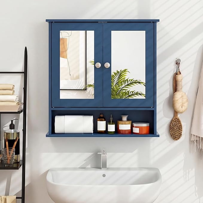 Bathroom Medicine Cabinet with Mirror, Wall Mounted Wooden Hanging Organizer with Doors and Shelves, Bathroom Wall Mirror Cabinet