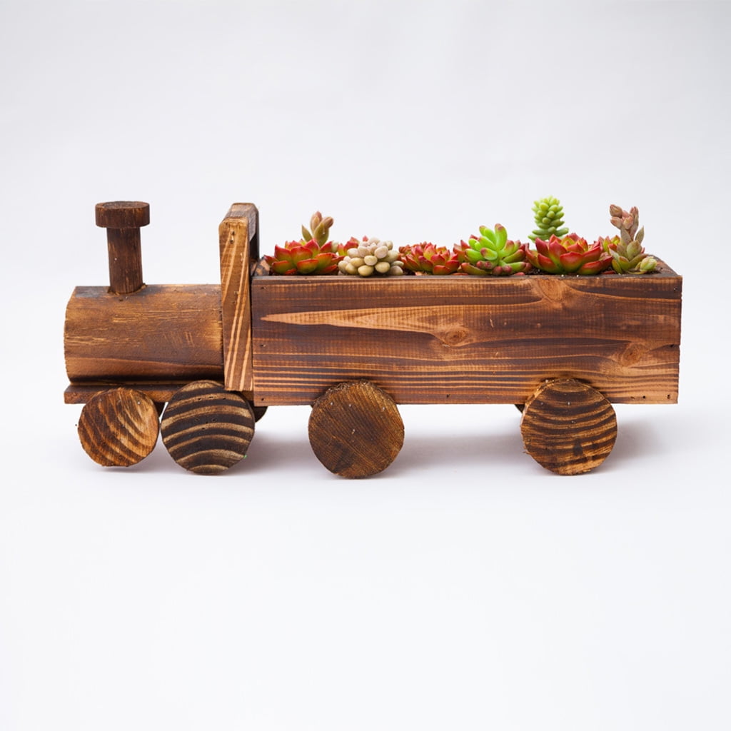 Retro Wooden Train Flower Pot Succulent Plant Potted Bonsai Planter Home Garden