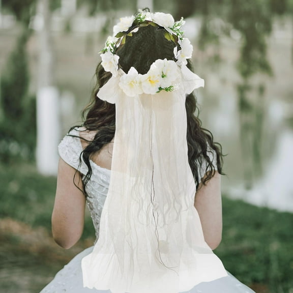 AURARMLET Bridal Flower Crown with Veil Multi Color Faux Rattan Wedding Headband Hair Accessory