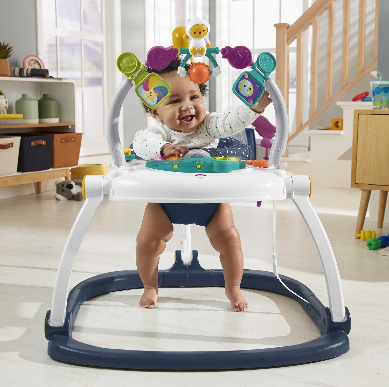 Fisher-Price Baby Bouncer Activity Center Jumperoo SpaceSaver with Lights & Sounds, Astro Kitty