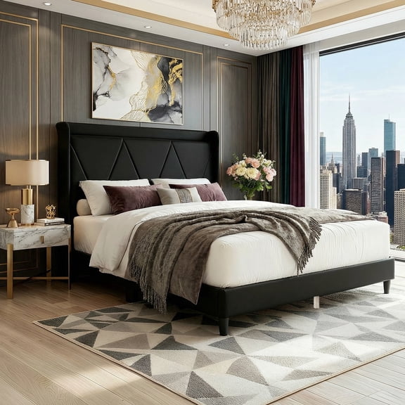 edx Queen Bed Frame with Charging Station & Wingback Upholstered Headboard, Platform Bed with Storage & Solid Wood Support, No Box Spring, Black