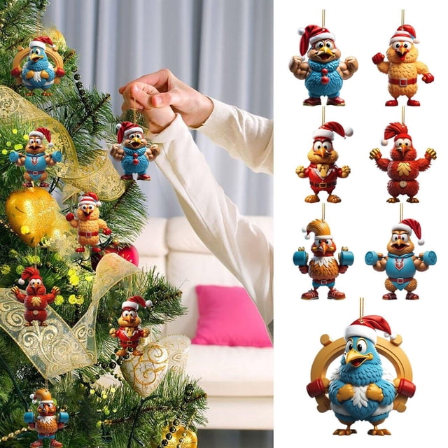 Xihbxyly Colgante para Árbol de Navidad, Adorable Forma de Pollo Musculoso, Decoración Acrílica Única, Adornos Navideños Versátiles, Ideal para Árboles, Puertas, Bolsos y Regalos, Tamaño de 8 Cm.