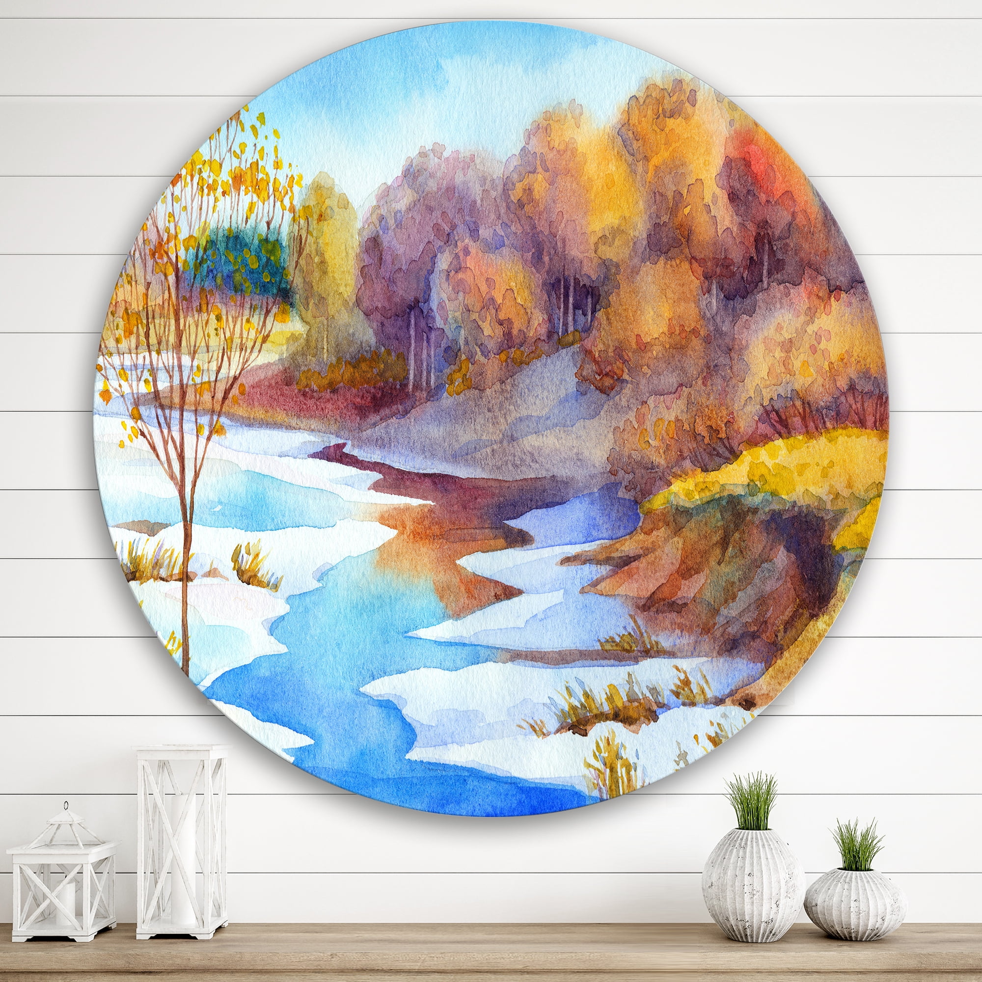 Designart 'Stream Though The Winter Forest Valley' Lake House Circle Metal Wall Art 36x36 - Disc of 36