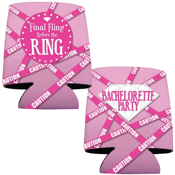 VictoryStore Can and Beverage Coolers - Bachelorette,"Final Fling" Pink Caution Tape Design, Set of 12