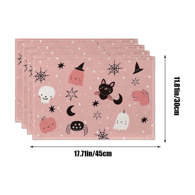 Halloween Placemats Set of 4, Linen Non-Slip Table Mats, Washable and Easy to Clean, Double-Sided Kitchen Dining Table Mats for Home, Café, and Holiday Decor