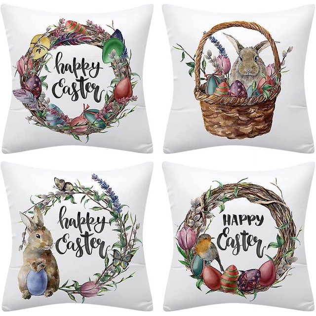 Juego de 4 fundas de almohada de 18 x 18 con decoración de Pascua, fundas de almohada con huevos de conejito de Pascua, decoración de granja de primavera, funda de almohada suave y