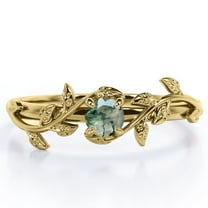JeenMata Solitaire - 0.50 Carat Round Brilliant Cut Real Solid Moss Green Agate - Magic Forest Branch Engagement Ring - 18K Yellow Gold Plating over Silver