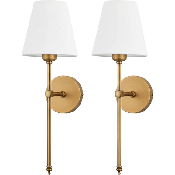 Wall Sconces Sets of 2, Hardwired Classic Brushed Brass Sconces Wall Lighting, Bathroom Vanity Light Fixture with Fabric Shade for Bedroom Living Room Hallway Kitchen, Gold