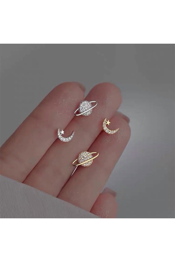 New Simple Fashion Zircon Star Moon Mini Earrings For Women Cute Korean Planet Asymmetric Ear Studs Piercing Earrings Jewelry