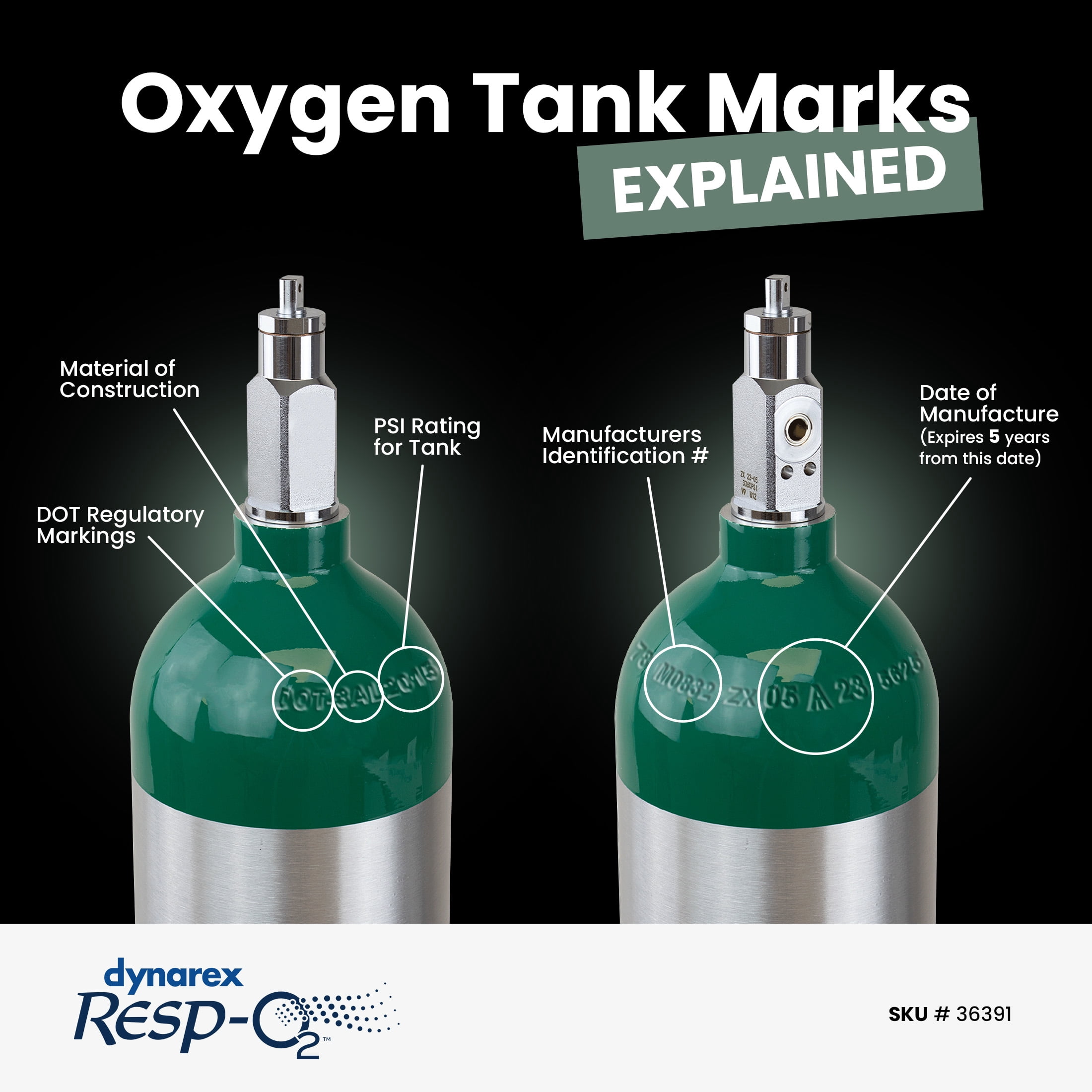 Dynarex Resp-O2 M6 Oxygen B-Cylinder with CGA 870 Post Valve – 1L Standard Size Oxygen Cylinder - Lightweight Aluminum Portable Tank with 165L Oxygen Capacity