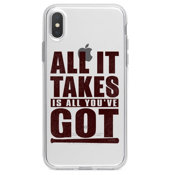 DistinctInk Clear Shockproof Hybrid Case for iPhone X / XS (5.8" Screen) - TPU Bumper Acrylic Back Tempered Glass Screen Protector - All It Takes Is All You've Got Baseball