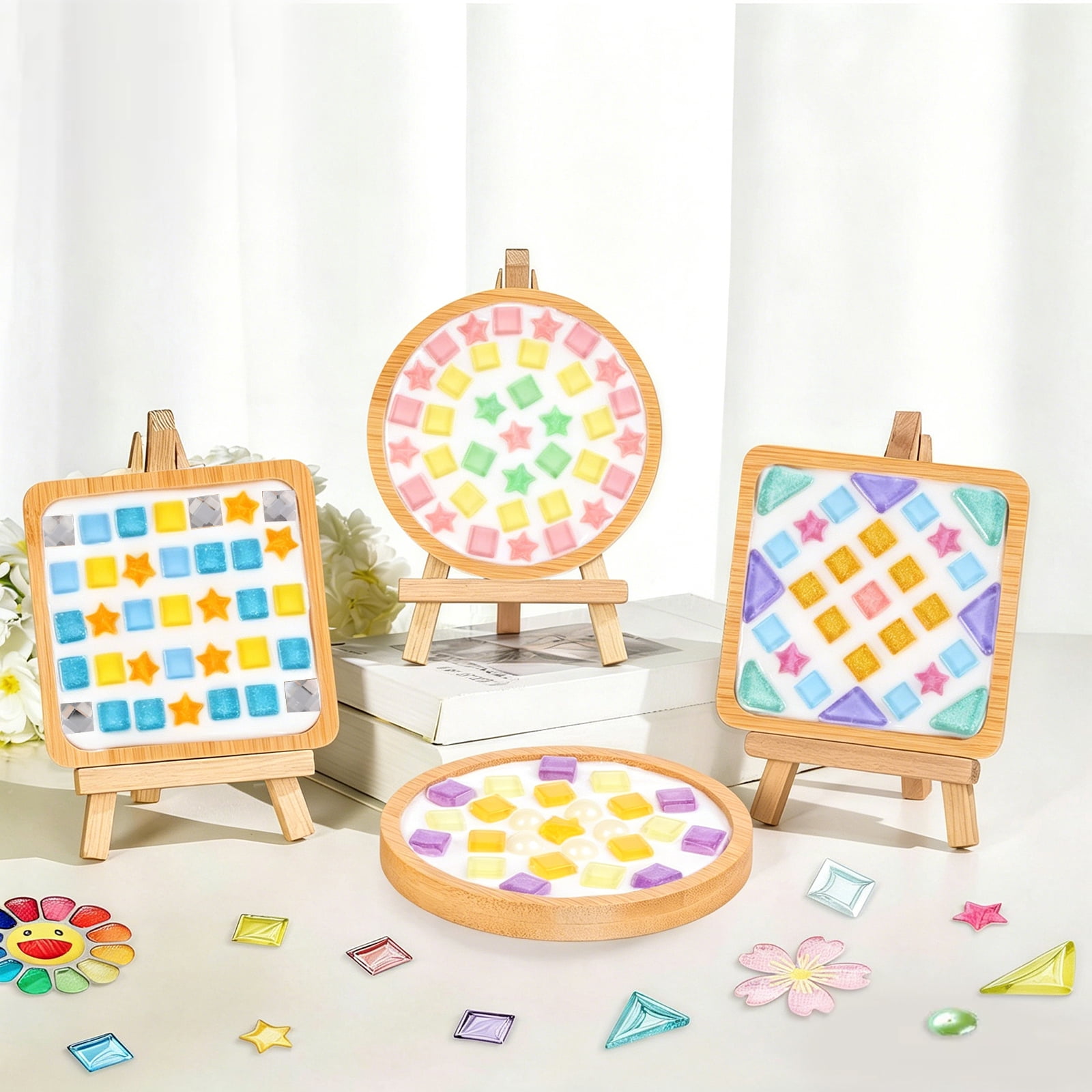 Austok 4 Pcs DIY Mosaic Kit for Adult Glass Tile for Craft with Bamboo Cup Pad for Women Mixed Color Mosaic Art Craft Cup Mat Project Handmade Making Kit Set for Home Decor Present