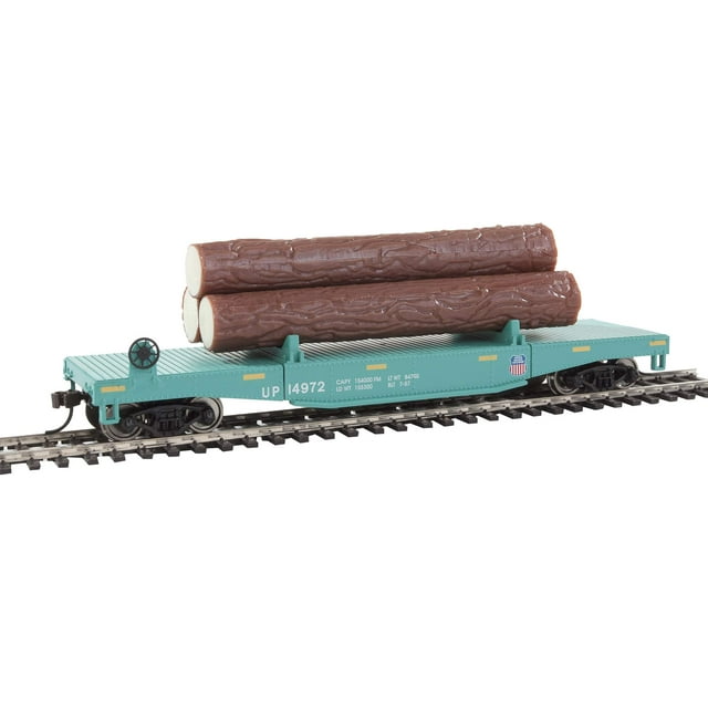 Walthers Trainline HO Modelo a escala de vagón volcador de troncos con 3 troncos - Union Pacific #14972 (esquema de corte marcas de visibilidad amarillas verdes)