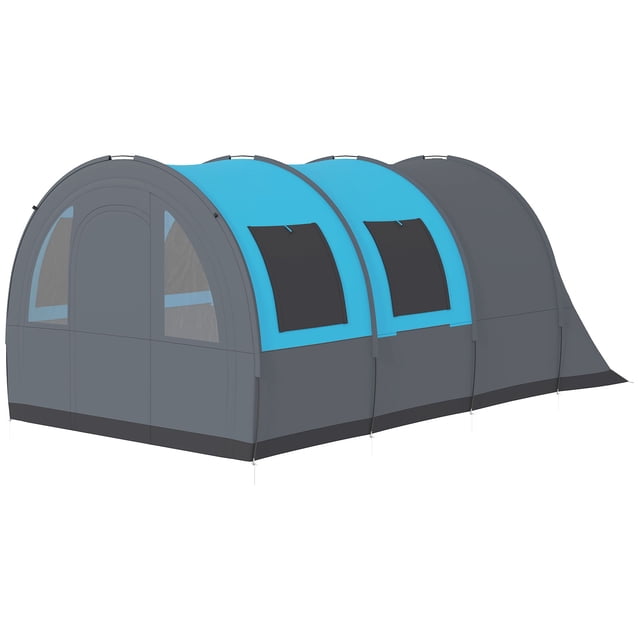 Large 6-Person Tunnel Camping Tent with Living Room and Bedroom, 3000mm Waterproof Polyester Fabric, Grey and Blue, 480x260x200cm Outdoor Family Tent with Mesh Windows