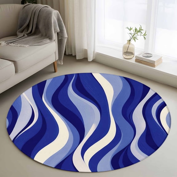 Round Area Rug 4 Ft, Blue Moire Washable Non-Slip Circle Carpet for Living Room/Bedroom, Classic Modern Abstract Art Elegant Low-Profile Crawling Mats Collection Rugs for Indoor