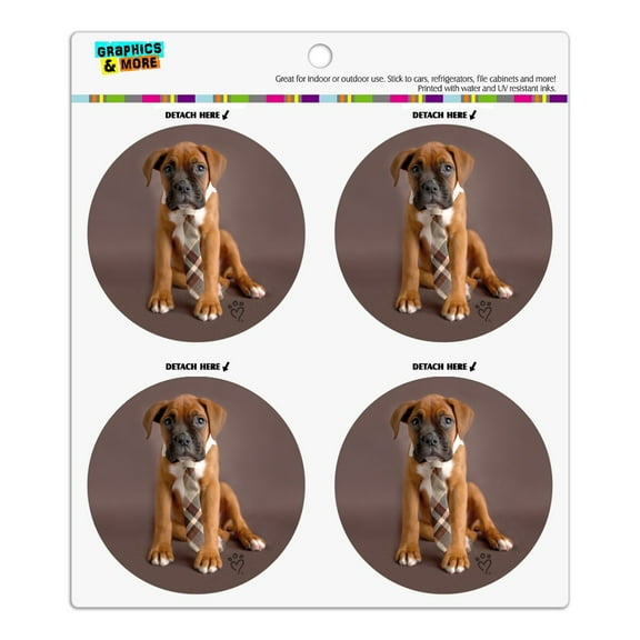 Boxer Puppy Dog Sitting with Tie Refrigerator Fridge Locker Vinyl Circle Magnet Set