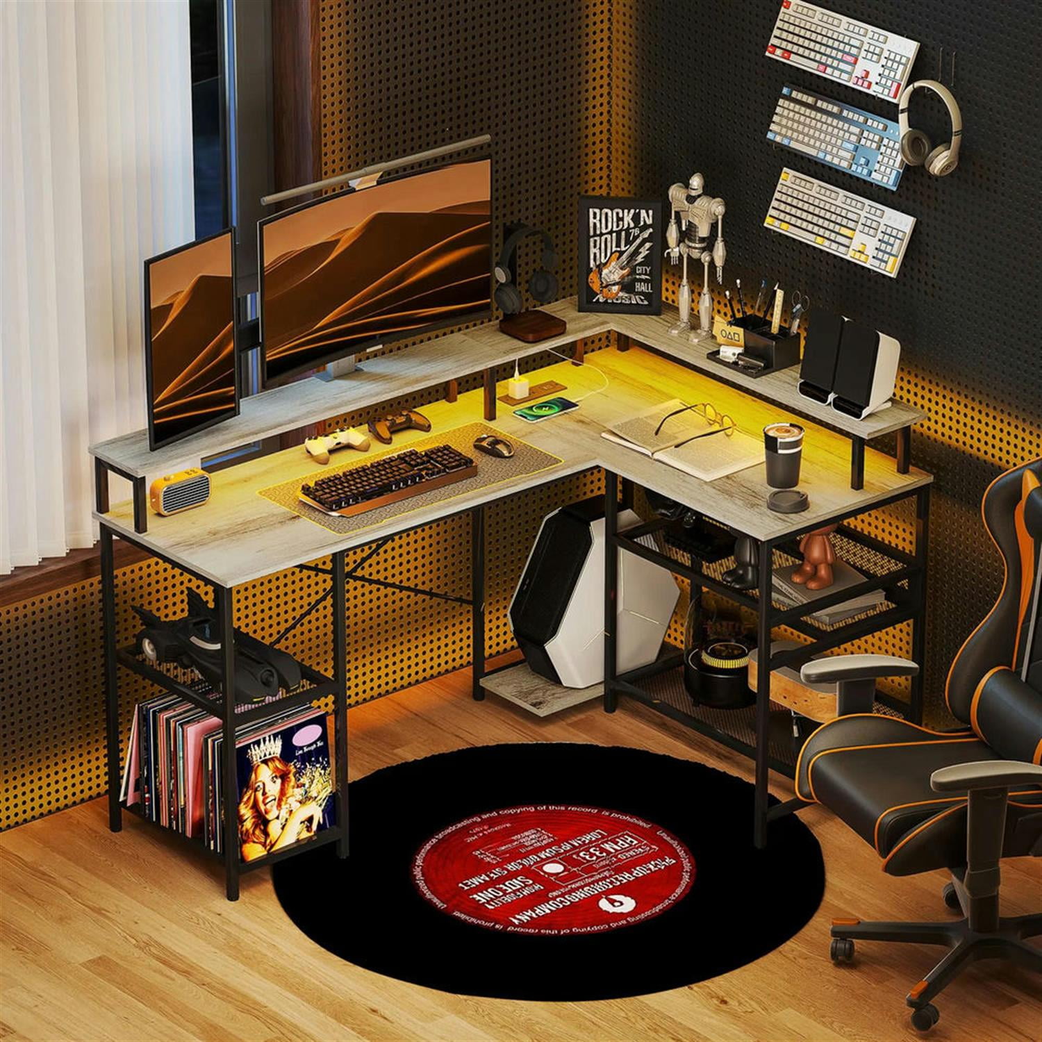 Demi Bonn 59" L Shaped Corner Office Desk with LED Lights and Power Outlets, Home Computer Desk for Living Room, Office, Study Writing Table PC Desks, Gray