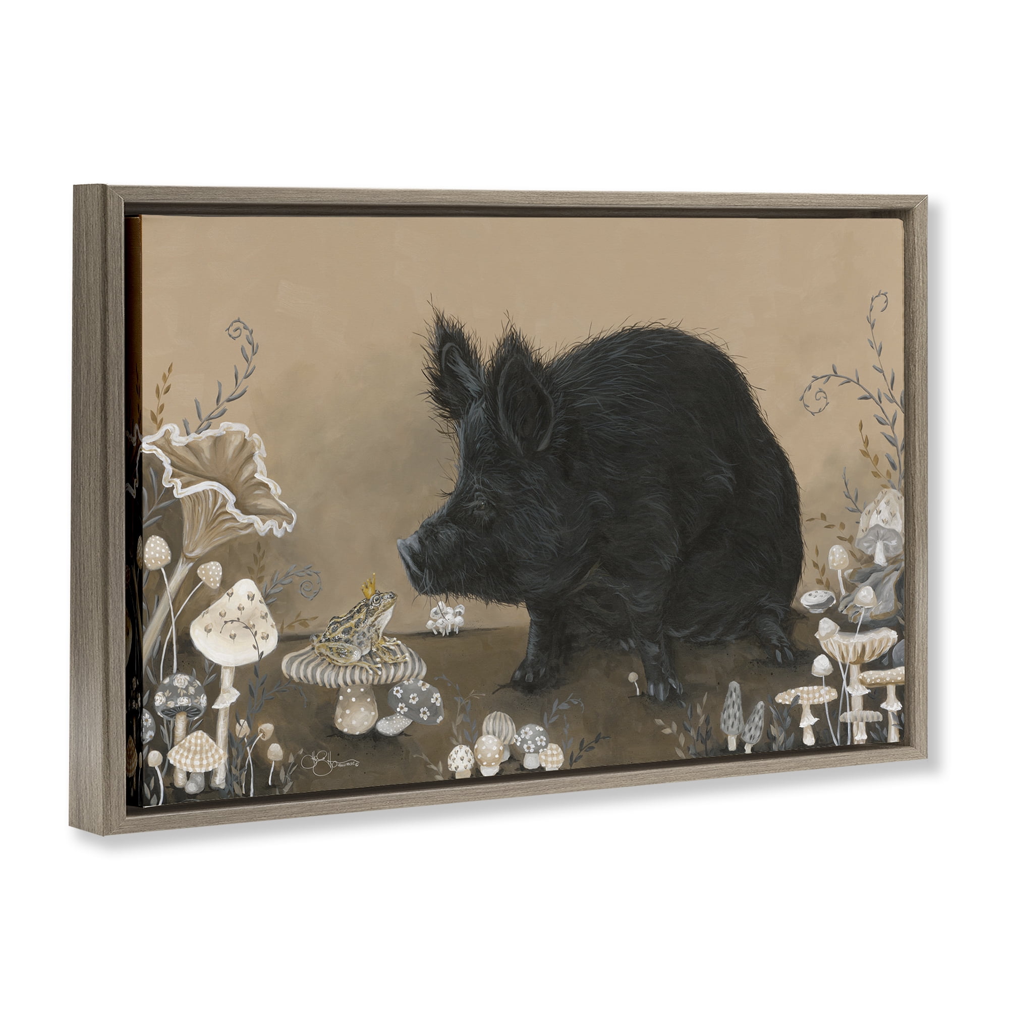 Stupell Industries Hog & Frog with Mushrooms Animals & Insects Painting Brown Floater Framed Canvas Art Print Wall Art, 31 x 21