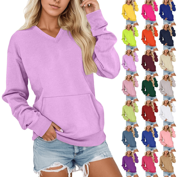 Liuinsasek Womens V Neck Fall/Winter Solid-Color Sweatshirts Casual Fashion Loose Fit with Pockets Sweatshirts Long Sleeve Pullover