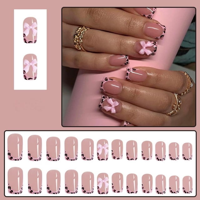 Short Glossy Leopard Print Bow Nails 24 Count Removable Wearable Nail Tips Set