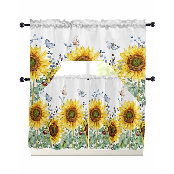 Sunflower Kitchen Curtains Swag Valance and Tier Curtains Set 36 Inch Length, Yellow Floral Summer Botanical Rod Pocket Drape Panels Pair Swag Curtain for Bathroom/Cafe/Window