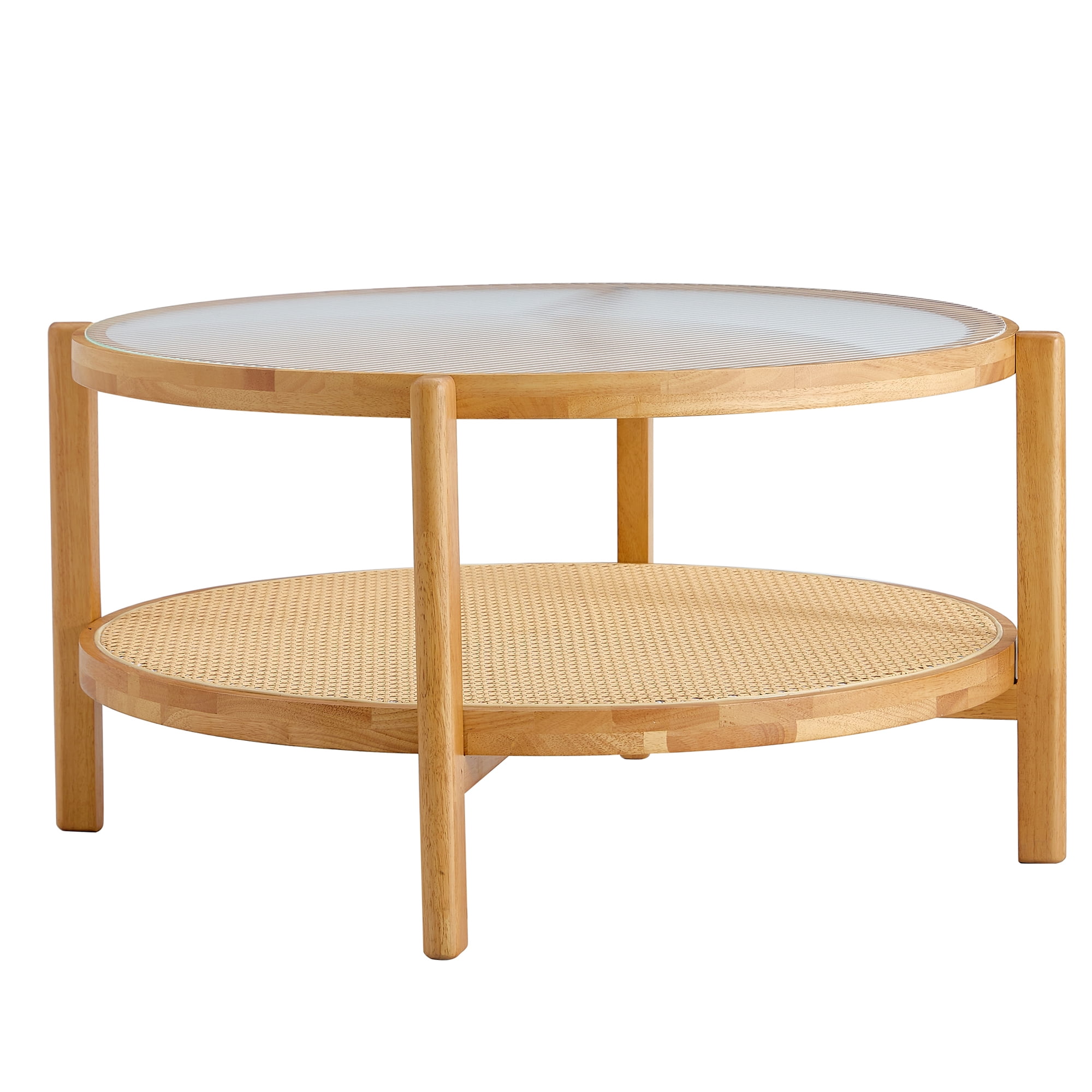 Kepooman 2-Tier Coffee Table, Round Tea Table with Solid Wood Frame and Pe Rattan, Modern Glass Sofa Center Table for Living Room, Natural Wood